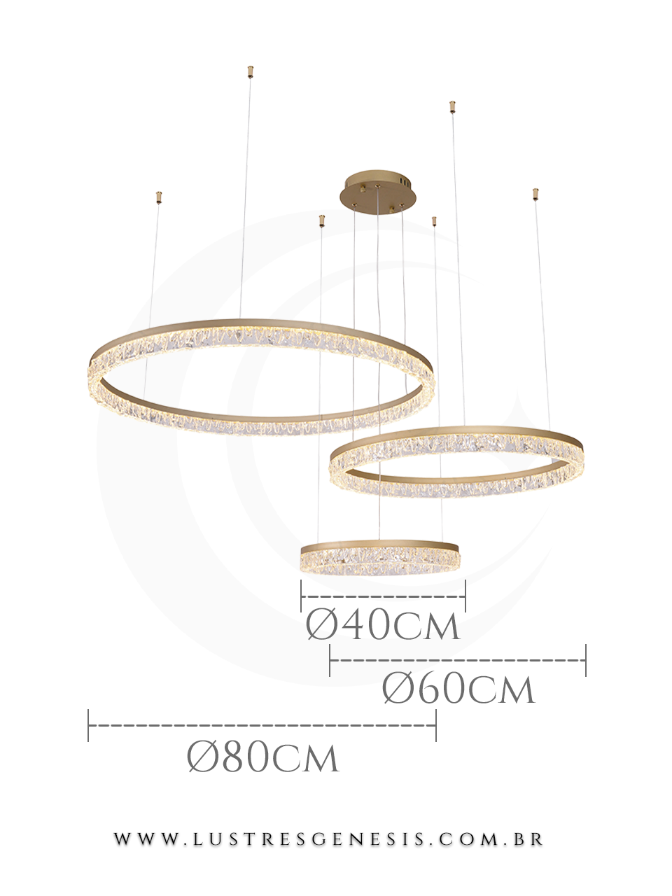 Lustre Aliança Bows com 3 anéis de acrílico dourados em tamanhos de 40cm, 60cm e 80cm, indicado para sala de jantar, sala de estar e quartos.